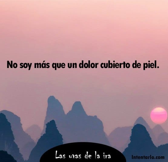 ¡Por supuesto! Aquí tienes una descripción de la imagen sin la URL:Cielo rosa y violeta sobre siluetas de picos de montañas. Una frase dice "No soy más que un dolor cubierto de piel". Texto en la parte inferior: "Las uvas de la ira".