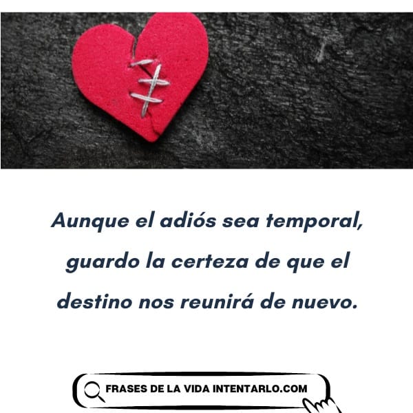Un corazón rojo con puntadas sobre un fondo negro. Debajo, un texto en español dice: 'Aunque el adiós sea temporal, guarda la certeza de que el destino nos reunirá de nuevo.'