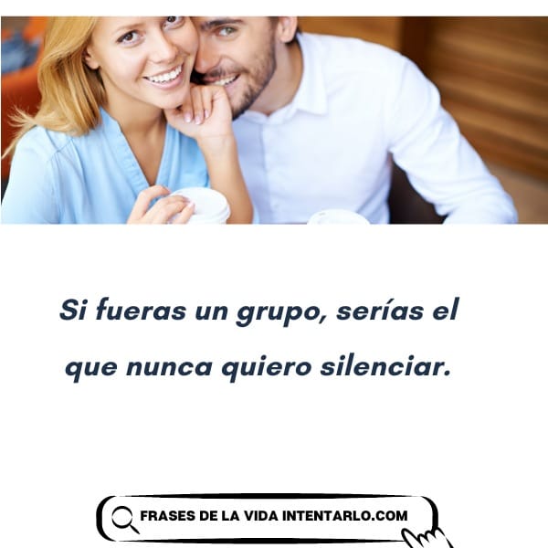 Una pareja sonriente sostiene tazas de café, con un texto debajo que dice: 'Si fueras un grupo, serías el que nunca quiero silenciar.'