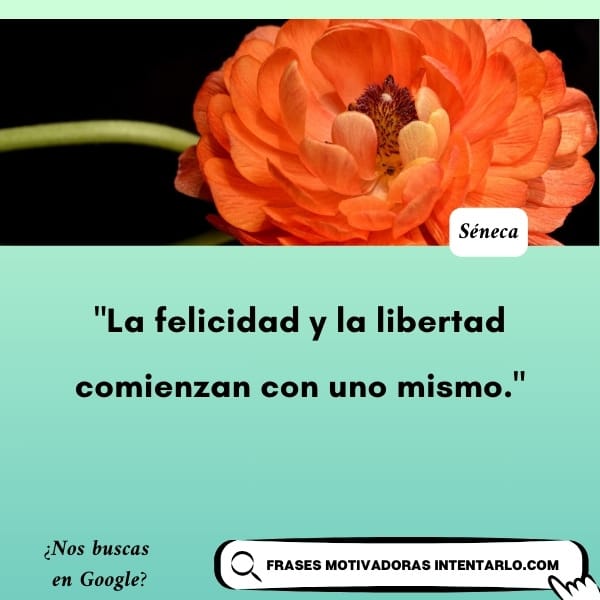 Cita de Séneca 'La felicidad y la libertad comienzan con uno mismo' junto a una flor naranja.