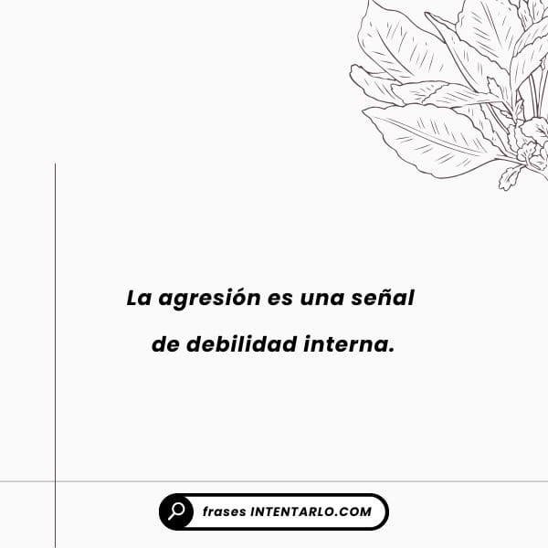 El texto de la imagen dice: 'La agresión es una señal de debilidad interna'. Hay una ilustración de una flor en la esquina superior derecha.