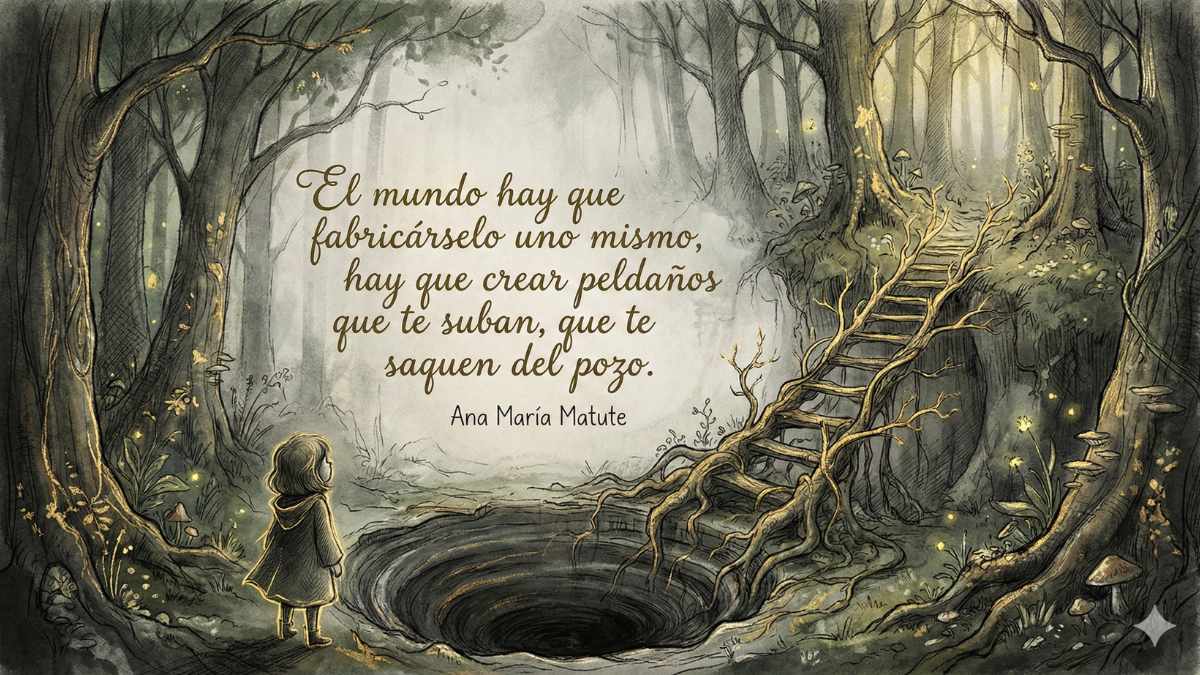 Frase de Ana María Matute sobre crear tu propio mundo Ilustración mágica con la frase de Ana María Matute: El mundo hay que fabricárselo uno mismo