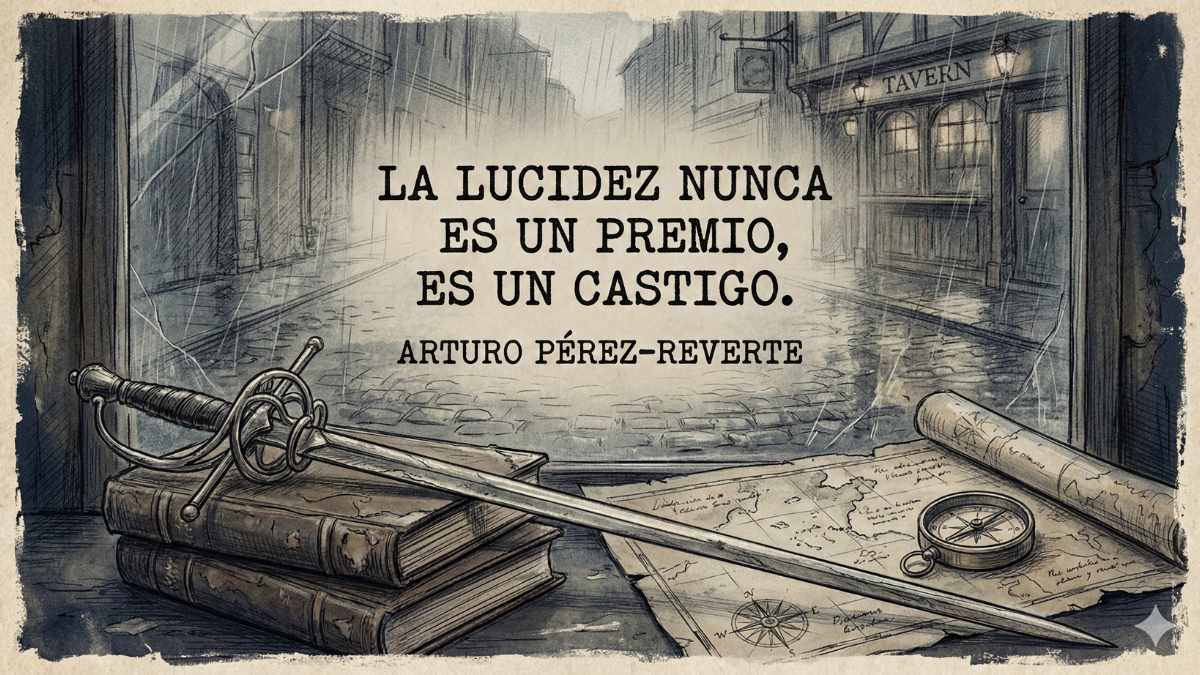 Frase de Arturo Pérez-Reverte sobre la lucidez Ilustración estilo sketch con la frase de Arturo Pérez-Reverte: La lucidez nunca es un premio