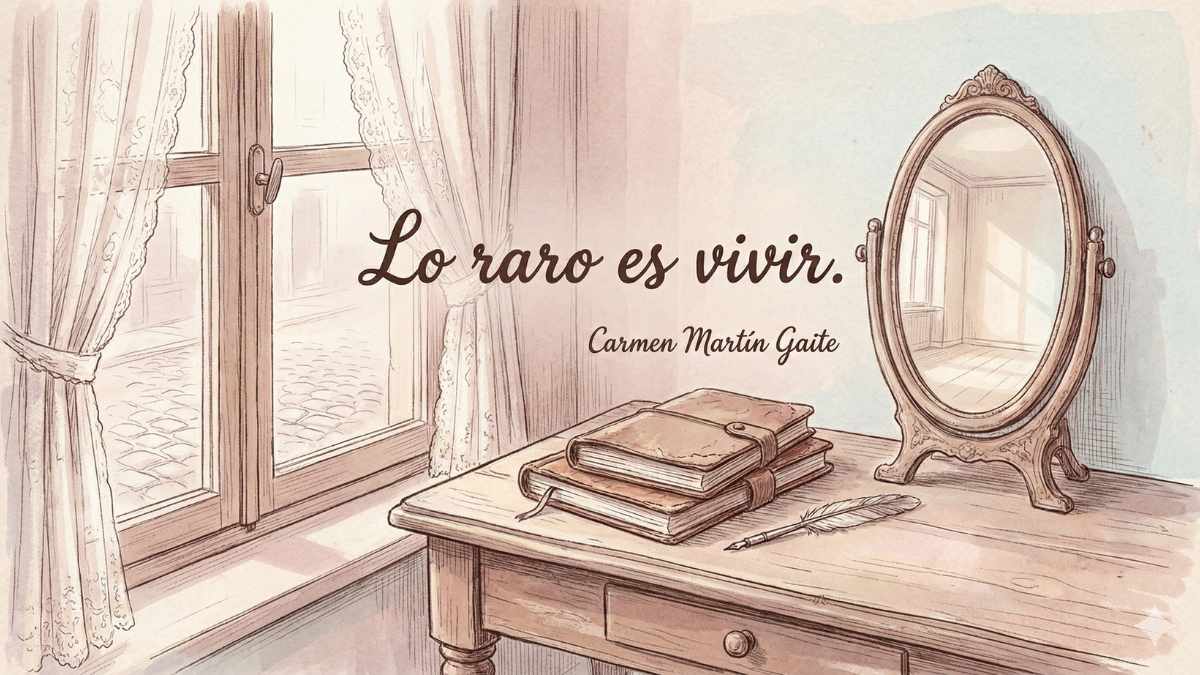 Ilustración nostálgica con la frase de Carmen Martín Gaite: Lo raro es vivir