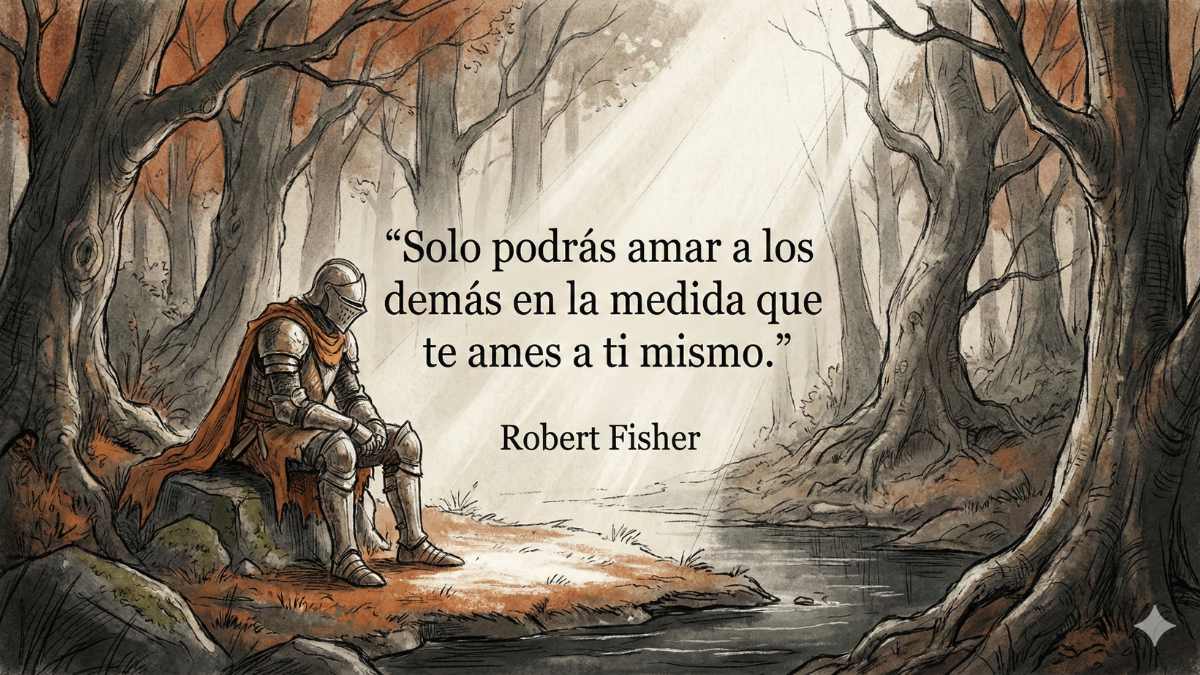 Frase de El caballero de la armadura oxidada sobre el amor propio Ilustración metafórica con la frase de Robert Fisher: Solo podrás amar a los demás en la medida que te ames a ti mismo