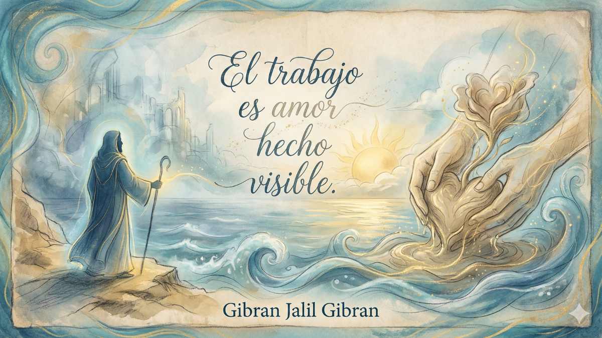 Frase de El Profeta sobre el trabajo Ilustración poética con la frase de Gibran: El trabajo es amor hecho visible