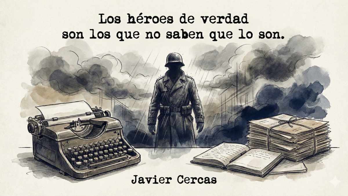 Ilustración estilo sketch con la frase de Javier Cercas: Los héroes de verdad son los que no saben que lo son