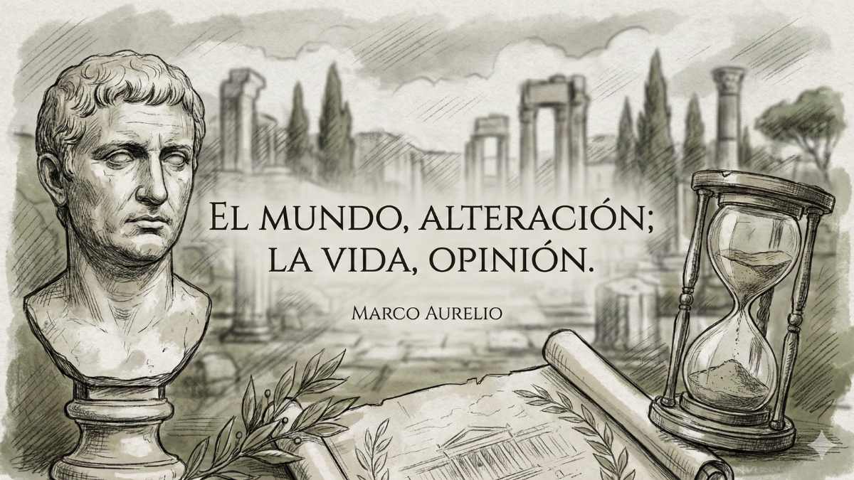 Ilustración estilo sketch clásico con la frase de Marco Aurelio: El mundo es alteración, la vida opinión