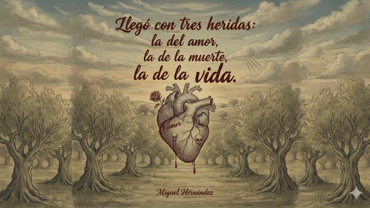 Frase de Miguel Hernández sobre las heridas de la vida Ilustración estilo sketch melancólico con la frase de Miguel Hernández: Llegó con tres heridas