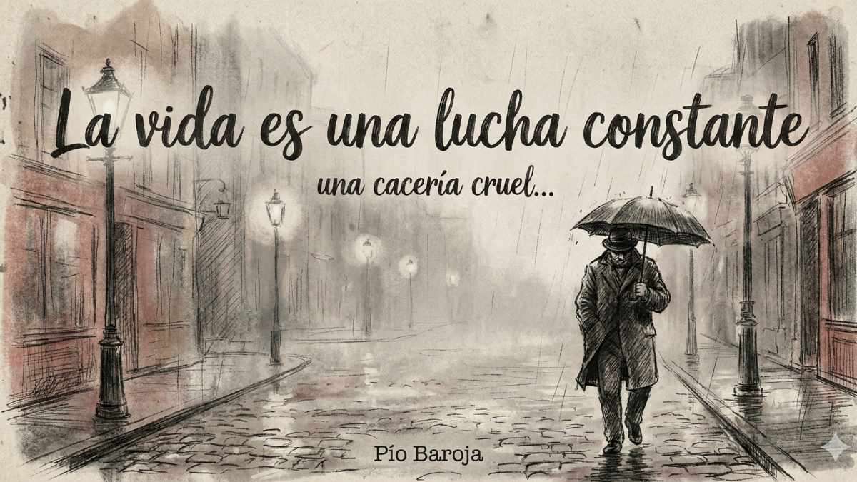Frase de Pío Baroja sobre la vida Ilustración estilo sketch melancólico con frase de Pío Baroja sobre la lucha de la vida