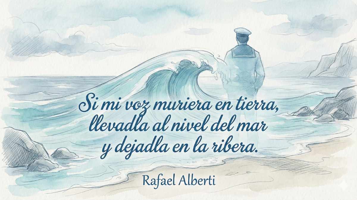 Frase de Rafael Alberti sobre el mar Ilustración artística con la frase de Rafael Alberti: Si mi voz muriera en tierra llevadla al nivel del mar