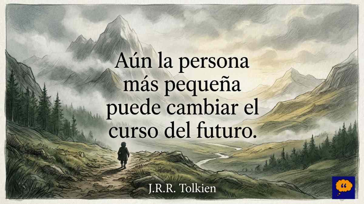 Frase de Galadriel en El Señor de los Anillos Ilustración estilo sketch fantástico con la frase: Aún la persona más pequeña puede cambiar el curso del futuro