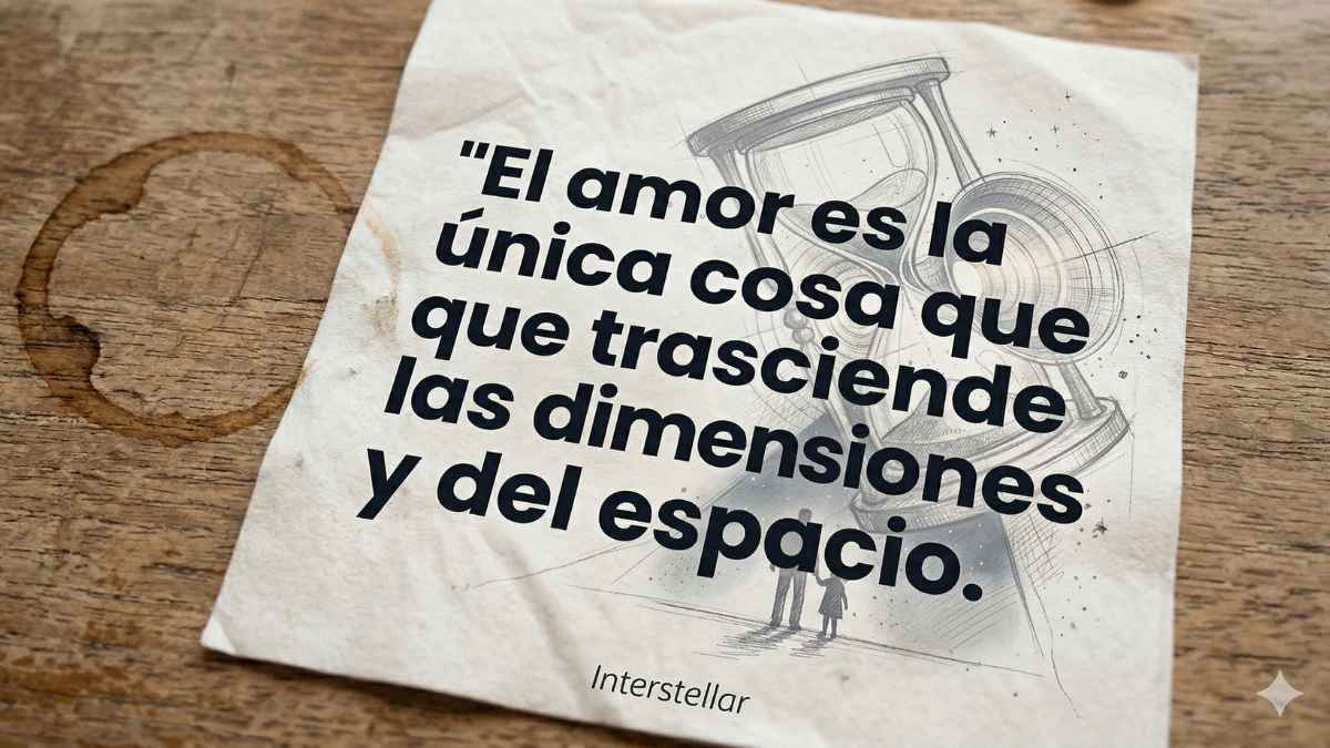 Frase de Amelia Brand en Interstellar sobre la quinta dimensión Ilustración espacial estilo sketch con la frase de Interstellar: El amor es la única cosa que trasciende el tiempo y el espacio