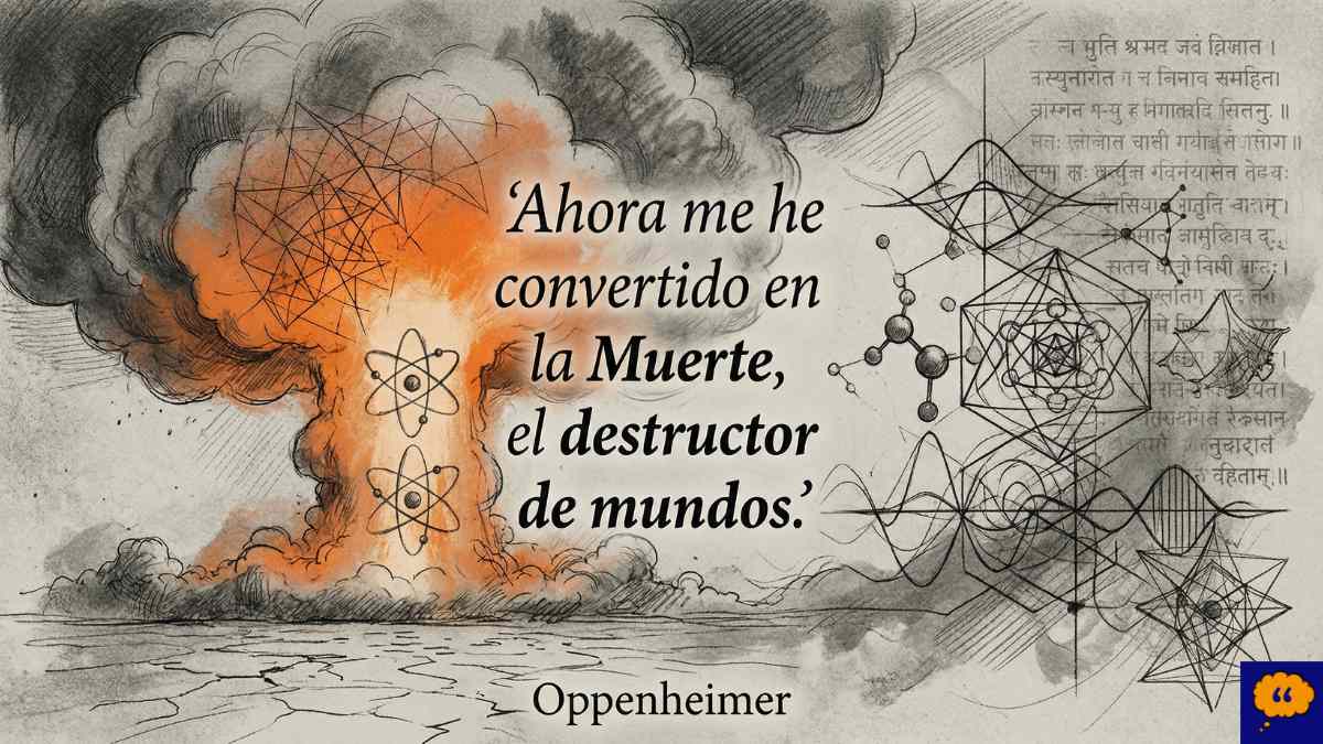 Ilustración estilo sketch de Oppenheimer frente a una nube atómica con la frase: Ahora me he convertido en la Muerte, el destructor de mundos