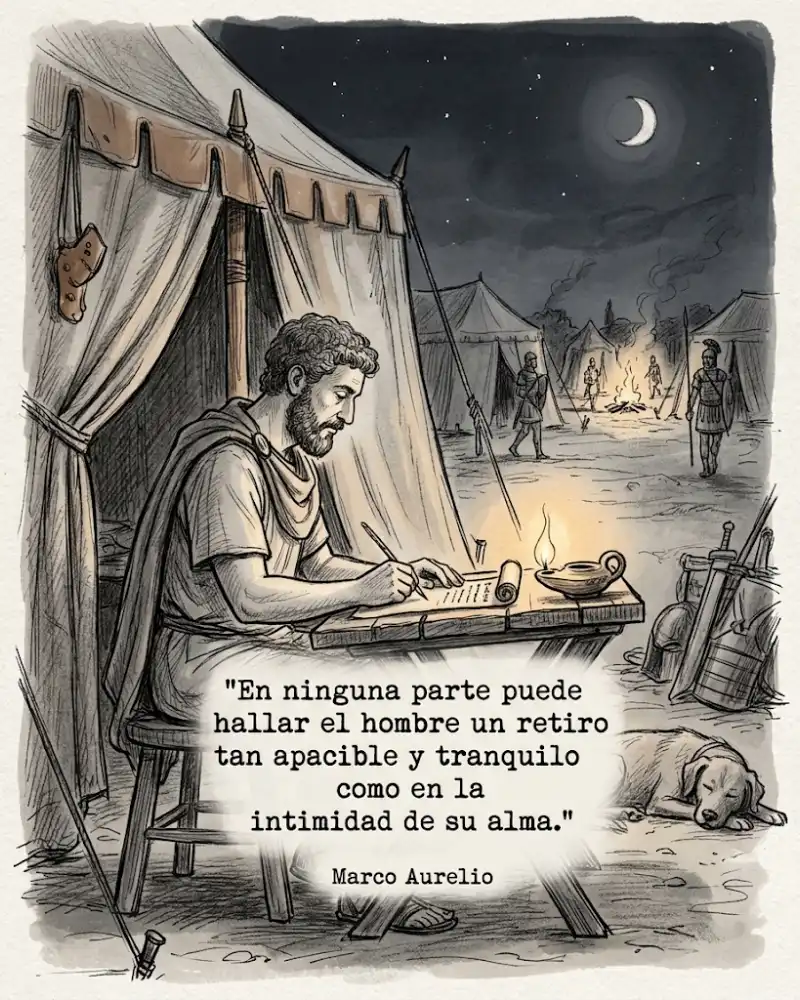 Marco Aurelio escribe de noche en su tienda: En ninguna parte puede hallar el hombre un retiro tan apacible...