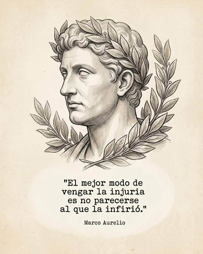 Retrato de Marco Aurelio y su frase: El mejor modo de vengar la injuria es no parecerse al que la infirió.