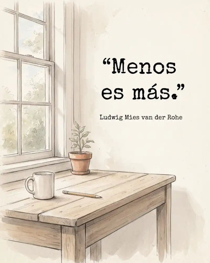 Menos es más, de Mies van der Rohe, sobre un escritorio de madera casi vacío junto a una ventana