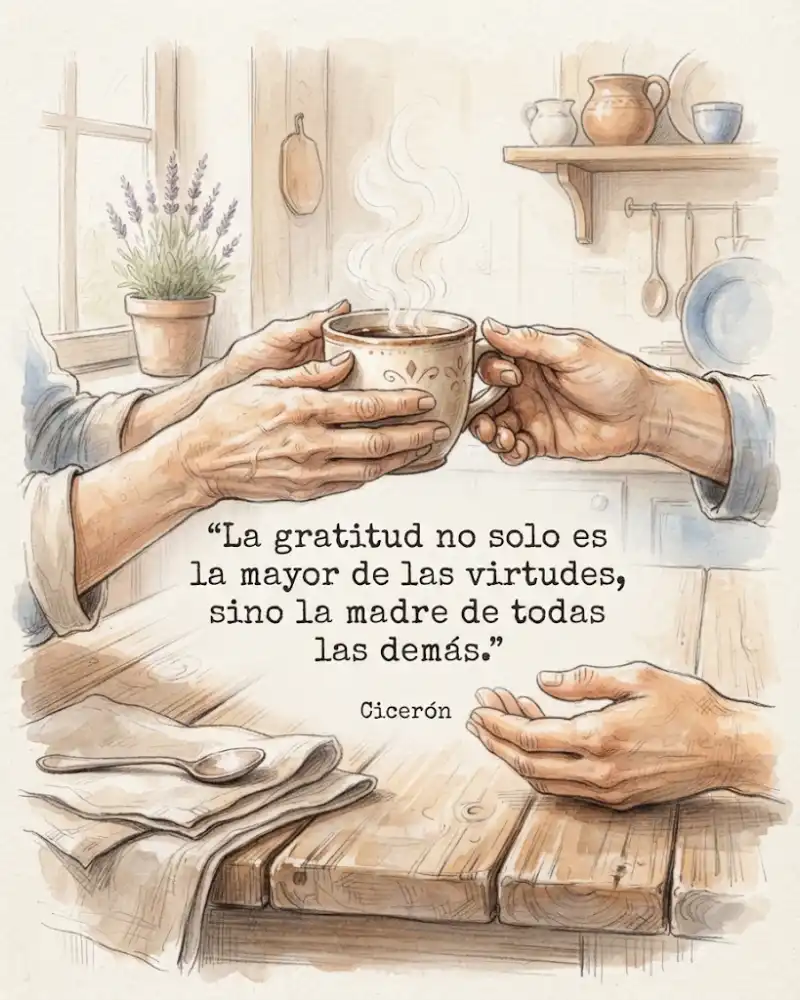 Cicerón: la gratitud es la mayor de las virtudes y la madre de todas, con unas manos que ofrecen una taza
