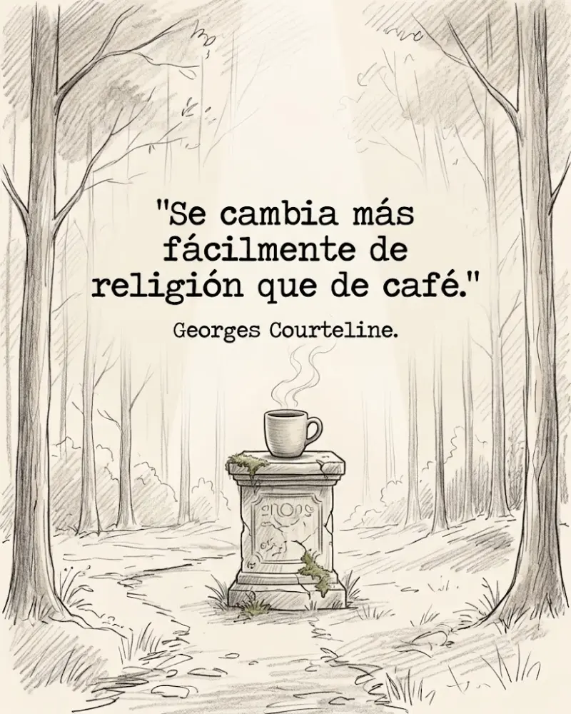 Se cambia más fácilmente de religión que de café, de Georges Courteline, con una taza humeante en un bosque