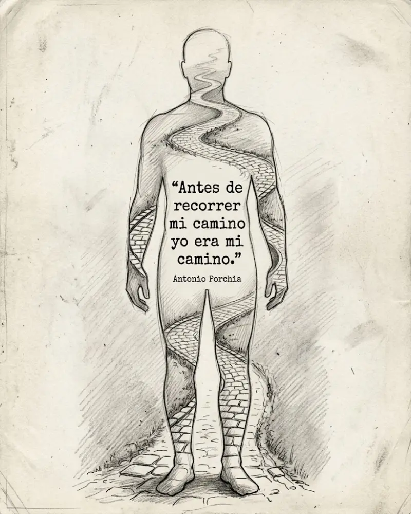 Antes de recorrer mi camino yo era mi camino, Antonio Porchia, sobre una silueta atravesada por un sendero empedrado