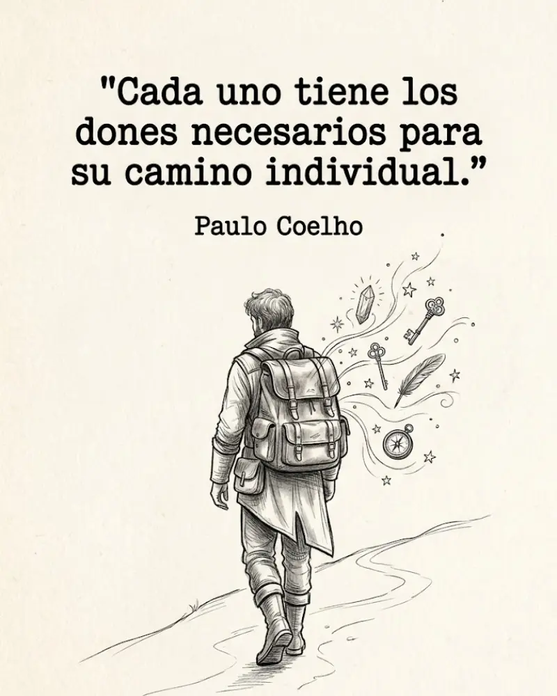 Cada uno tiene los dones necesarios para su camino individual, Paulo Coelho, con un caminante de espaldas y su mochila