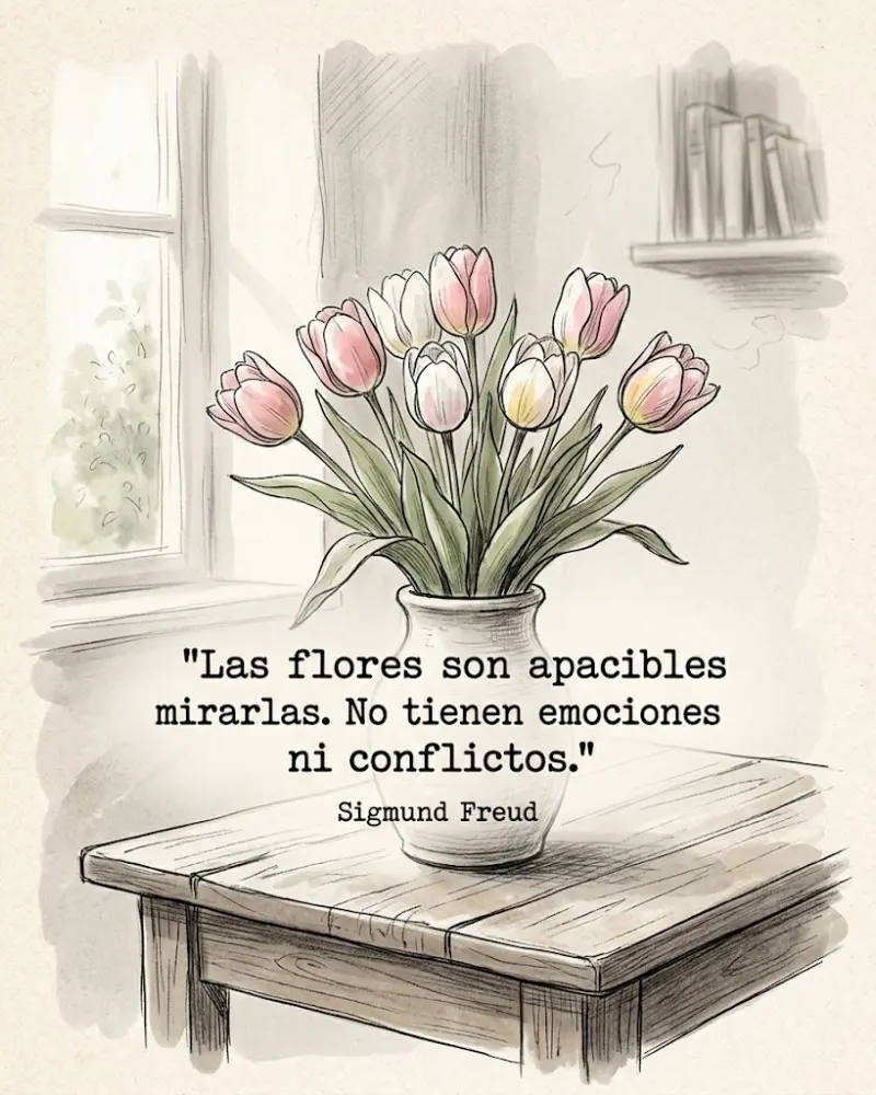 Las flores son apacibles mirarlas, Sigmund Freud, con un jarrón de tulipanes rosas sobre una mesa