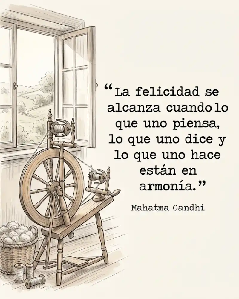 Gandhi: la felicidad llega cuando lo que piensas, dices y haces están en armonía, junto a una rueca