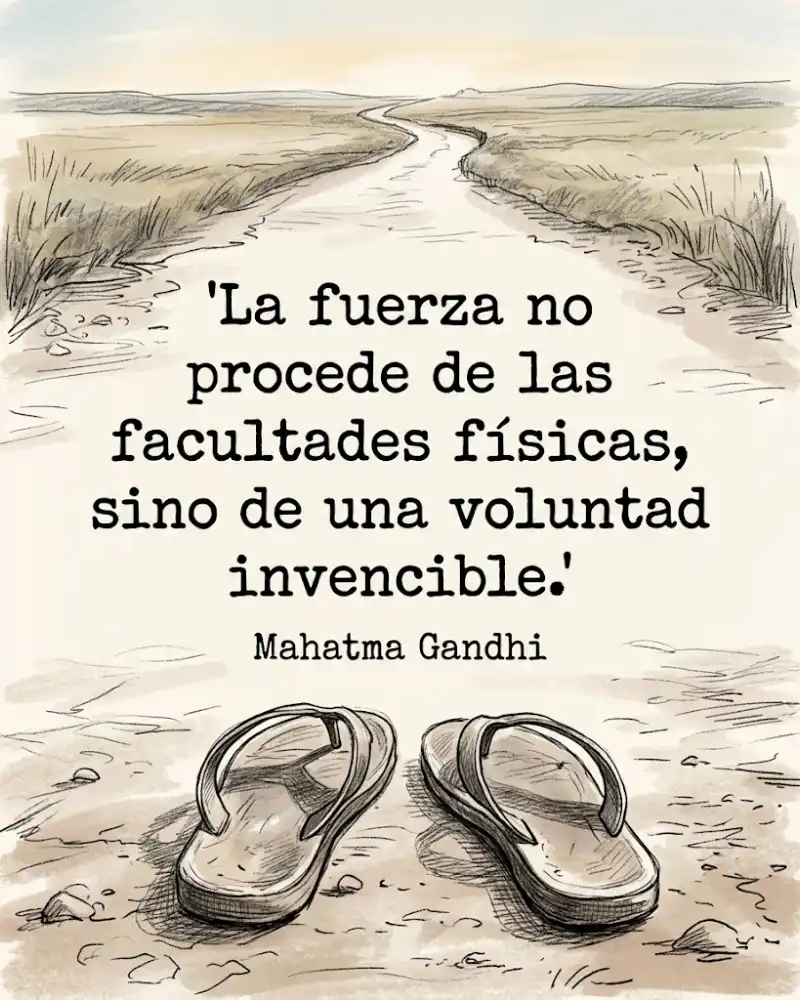 Gandhi: la fuerza no viene del cuerpo sino de una voluntad invencible, con unas sandalias en un camino