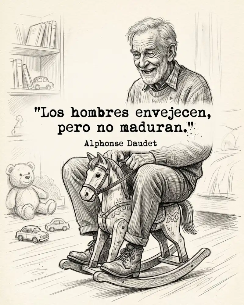 Los hombres envejecen, pero no maduran, de Alphonse Daudet, con un anciano en un caballito de balancín
