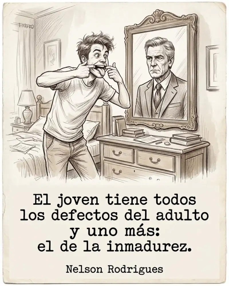 El joven tiene todos los defectos del adulto y uno más, de Nelson Rodrigues, con un chico haciendo muecas al espejo