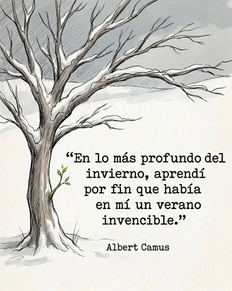 Árbol nevado con un brote verde y la frase de Albert Camus sobre el verano invencible en lo más profundo del invierno