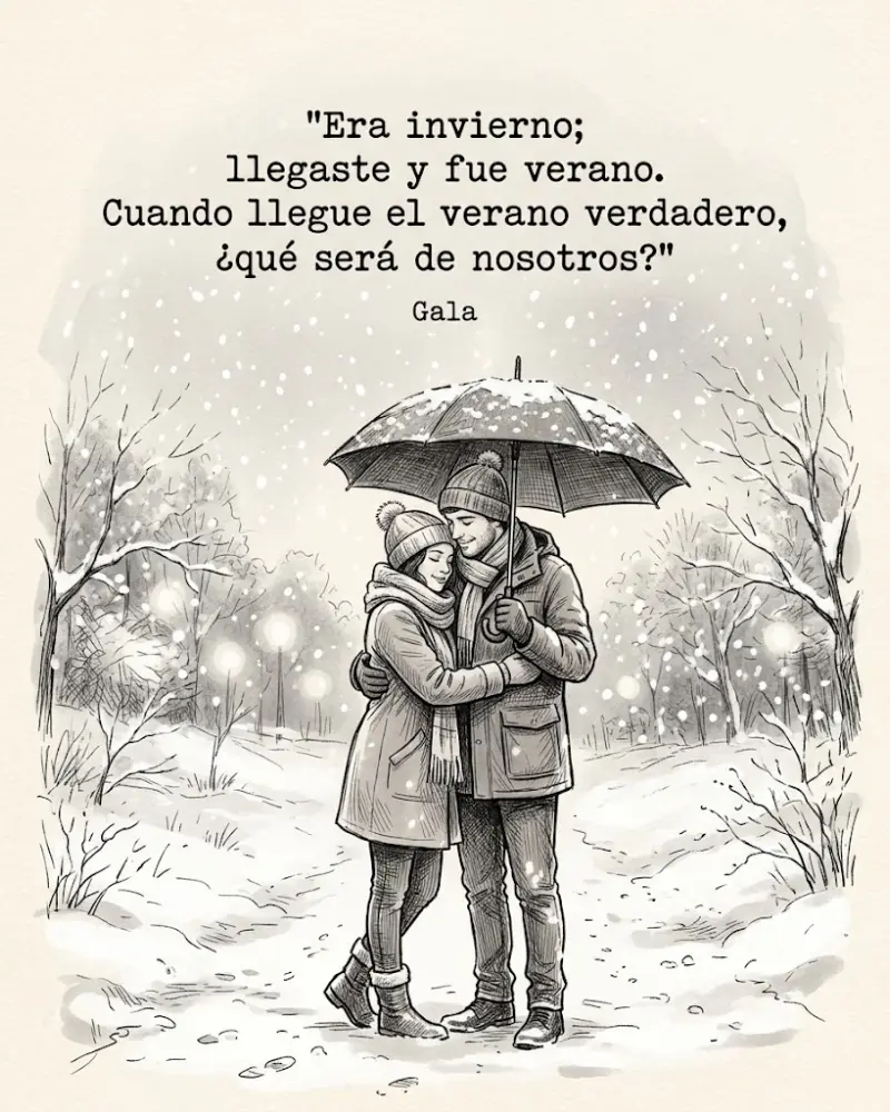 Pareja abrazada bajo un paraguas mientras nieva, con la frase de Antonio Gala: Era invierno; llegaste y fue verano