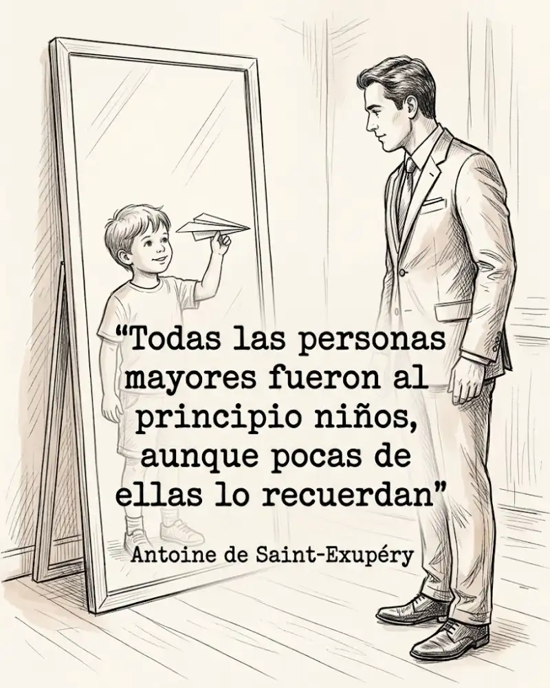 Todas las personas mayores fueron al principio niños, de Saint-Exupéry, con un hombre que se ve niño en el espejo