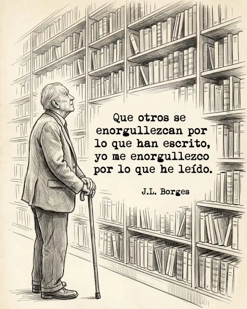 Dibujo de un anciano con bastón mirando las estanterías de una biblioteca, con la frase de Borges sobre enorgullecerse de lo que ha leído.