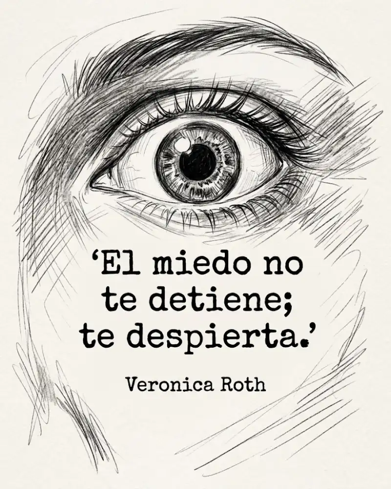 El miedo no te detiene; te despierta, de Veronica Roth, sobre el dibujo de un ojo muy abierto