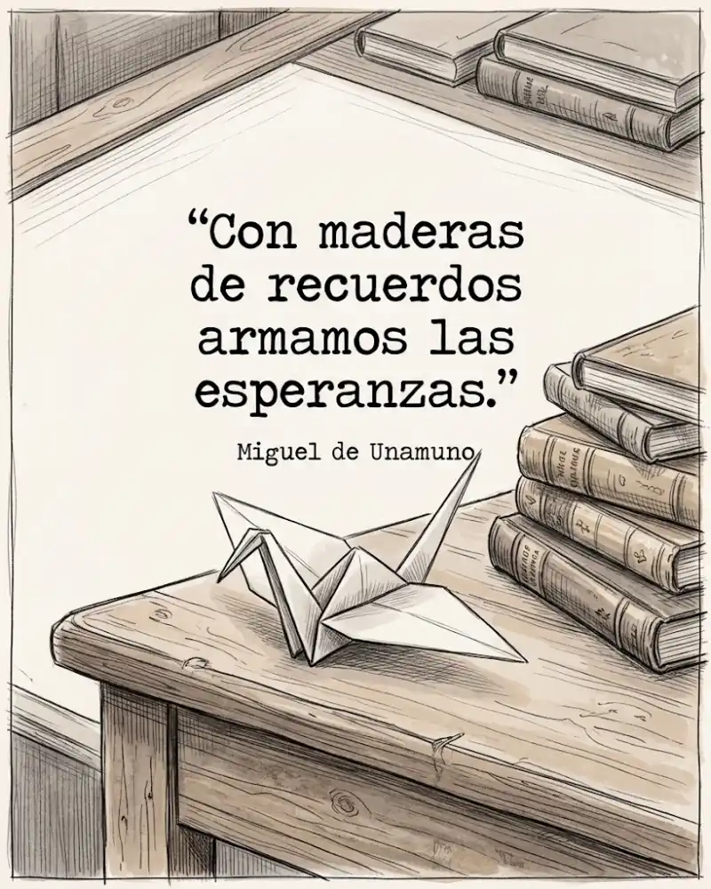 Con maderas de recuerdos armamos las esperanzas, Miguel de Unamuno, con una pajarita de papel junto a libros