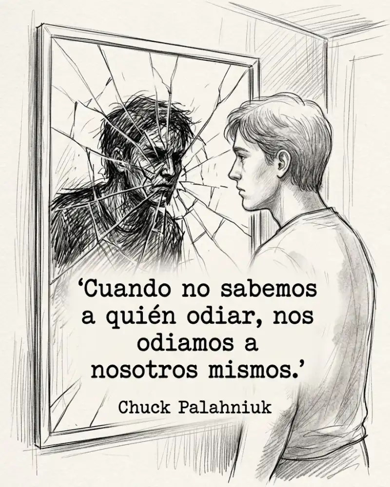 Cuando no sabemos a quién odiar, nos odiamos a nosotros mismos, de Chuck Palahniuk, ante un espejo roto