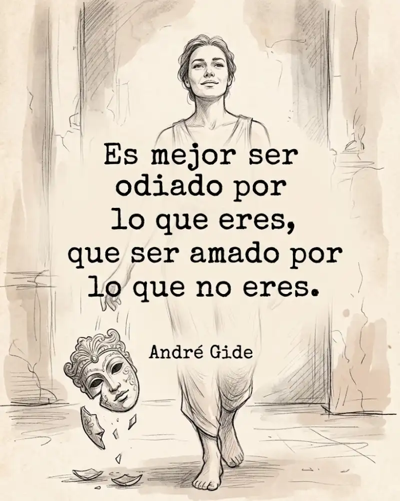 Es mejor ser odiado por lo que eres que amado por lo que no eres, de André Gide, con una máscara rota