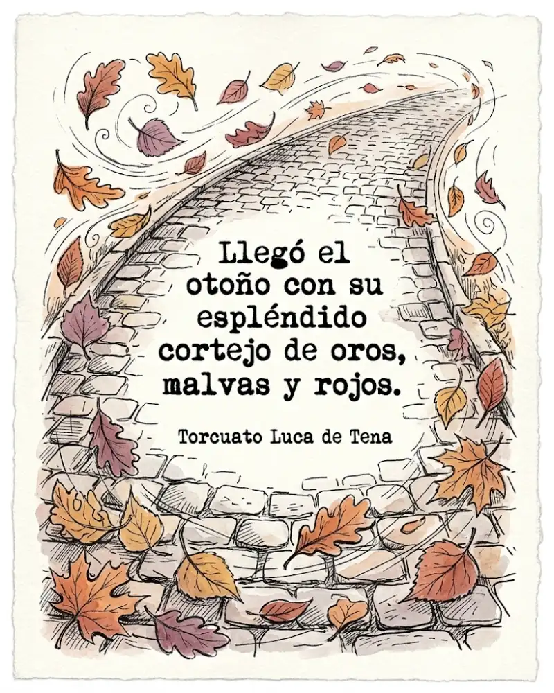 Llegó el otoño con su espléndido cortejo de oros, malvas y rojos, de Torcuato Luca de Tena, sobre un camino de hojas