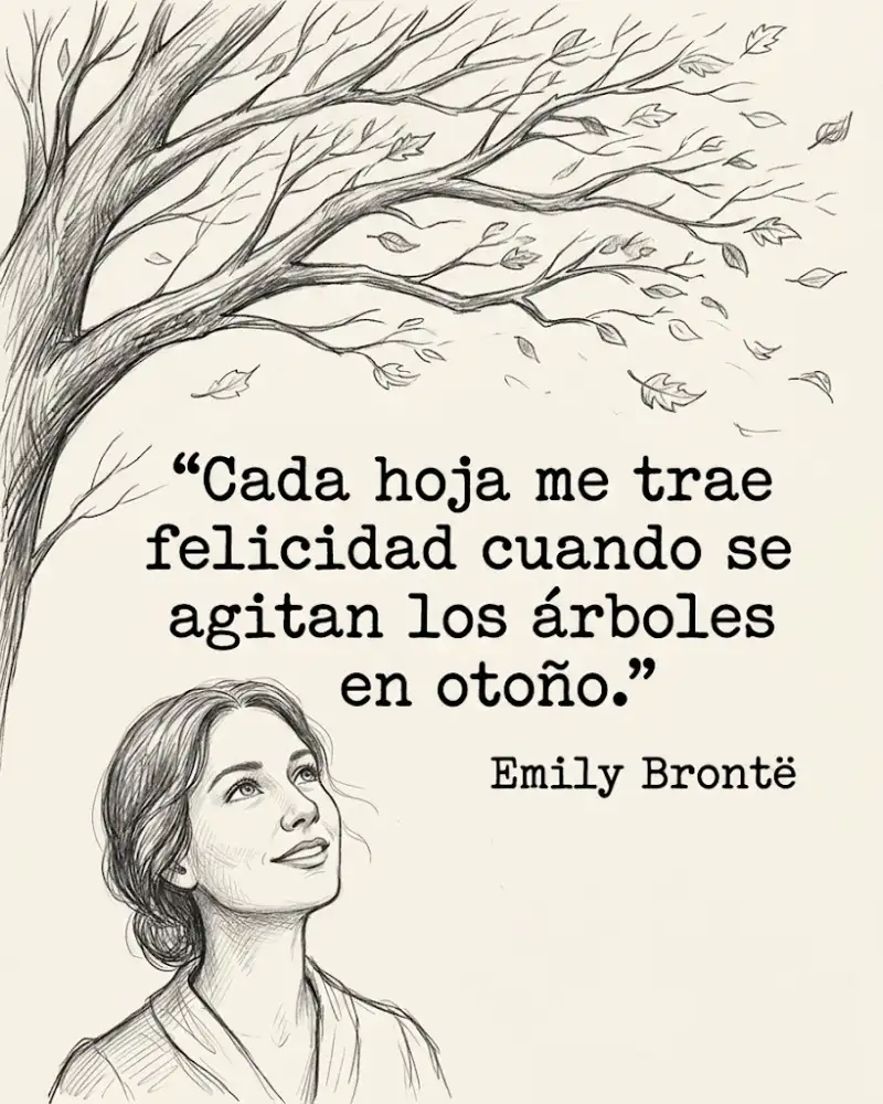 Cada hoja me trae felicidad cuando se agitan los árboles en otoño, de Emily Brontë, junto a un árbol al viento
