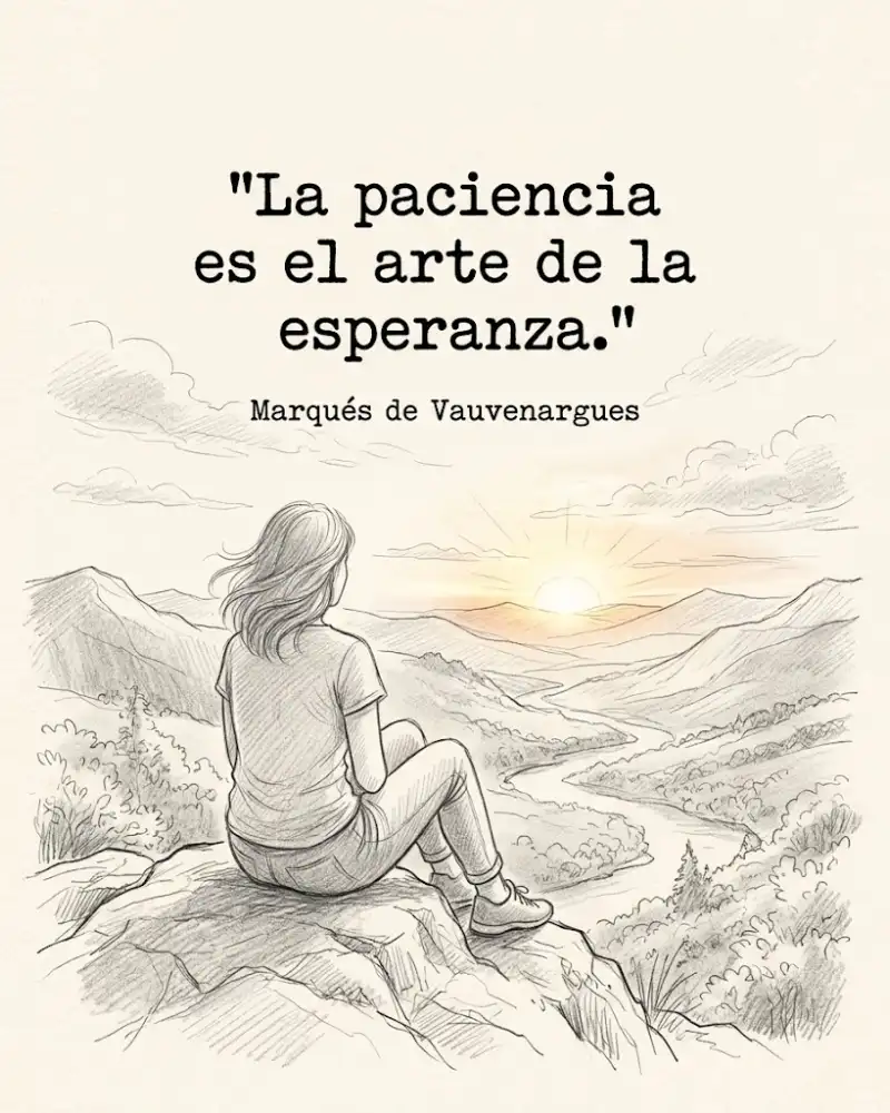 La paciencia es el arte de la esperanza, del marqués de Vauvenargues, con una mujer mirando un valle al amanecer