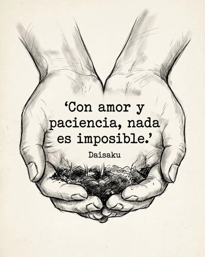 Con amor y paciencia, nada es imposible, de Daisaku Ikeda, sobre unas manos que sostienen tierra