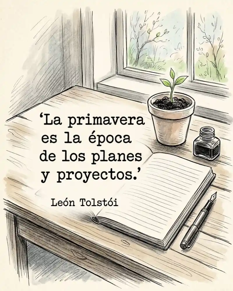 La primavera es la época de los planes y proyectos, de León Tolstói, junto a un cuaderno y una planta brotando