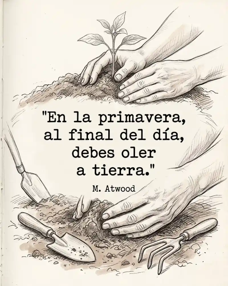 En la primavera, al final del día, debes oler a tierra, de Margaret Atwood, con manos plantando un brote