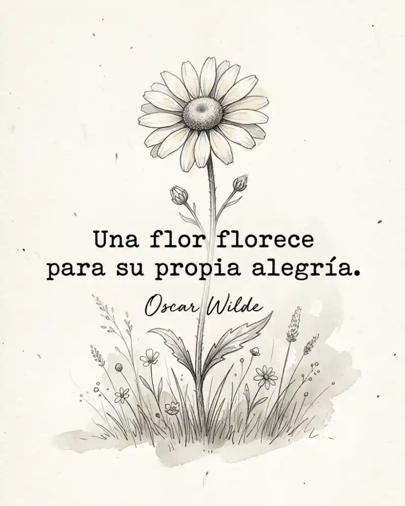 Una flor florece para su propia alegría, de Oscar Wilde, junto a una margarita dibujada a lápiz entre hierbas