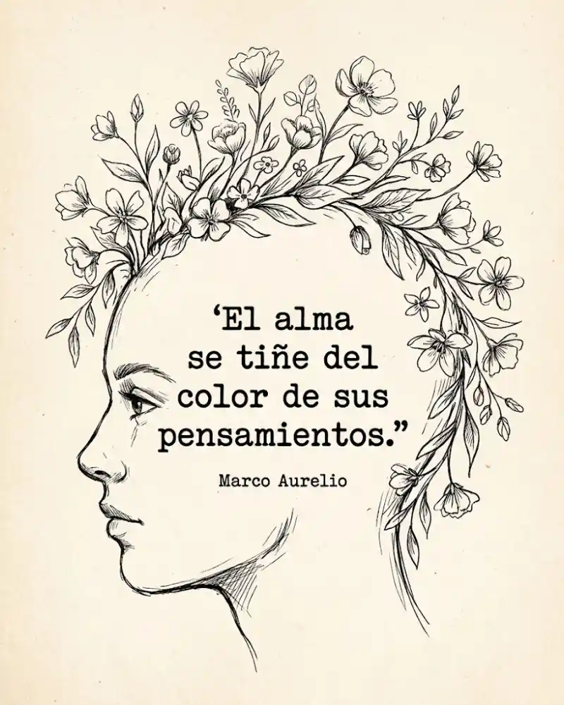 El alma se tiñe del color de sus pensamientos, de Marco Aurelio, sobre un perfil de mujer con flores en el pelo