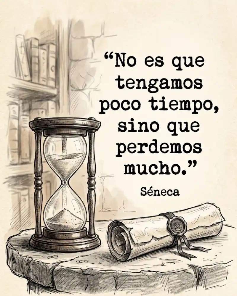 Reloj de arena y pergamino junto a la frase de Séneca: No es que tengamos poco tiempo, sino que perdemos mucho.