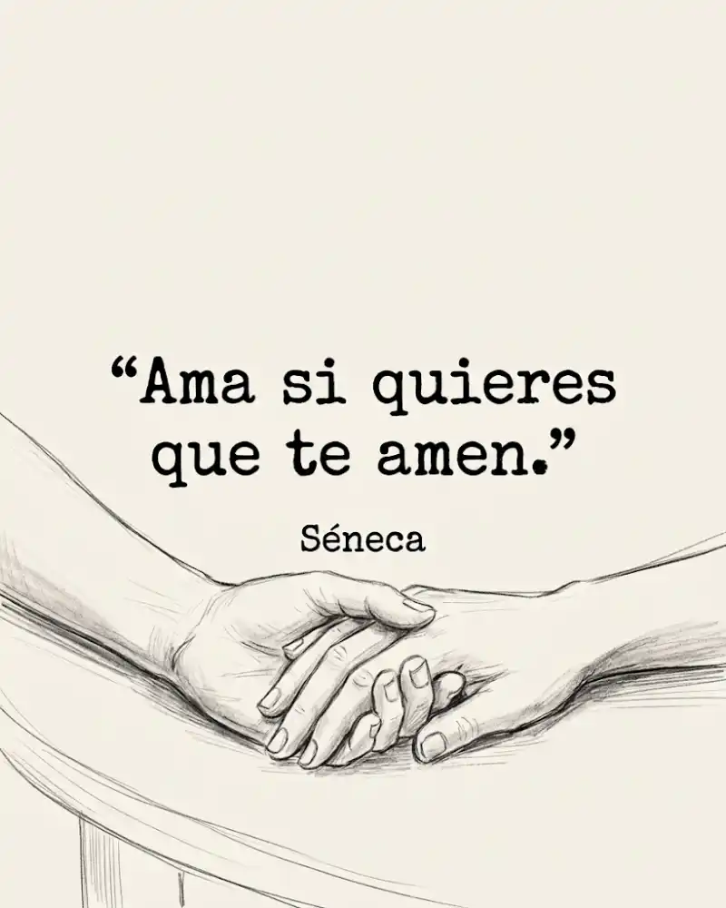 Ama si quieres que te amen, frase de Séneca sobre un dibujo de dos manos entrelazadas.