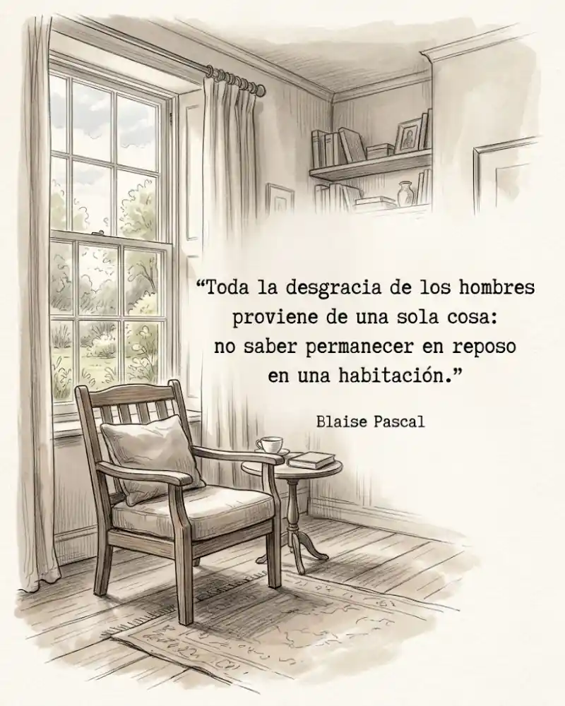 Dibujo a lápiz de un sillón vacío junto a una ventana, con una taza y un libro en una mesita, y la frase de Blaise Pascal sobre no saber permanecer en reposo en una habitación.