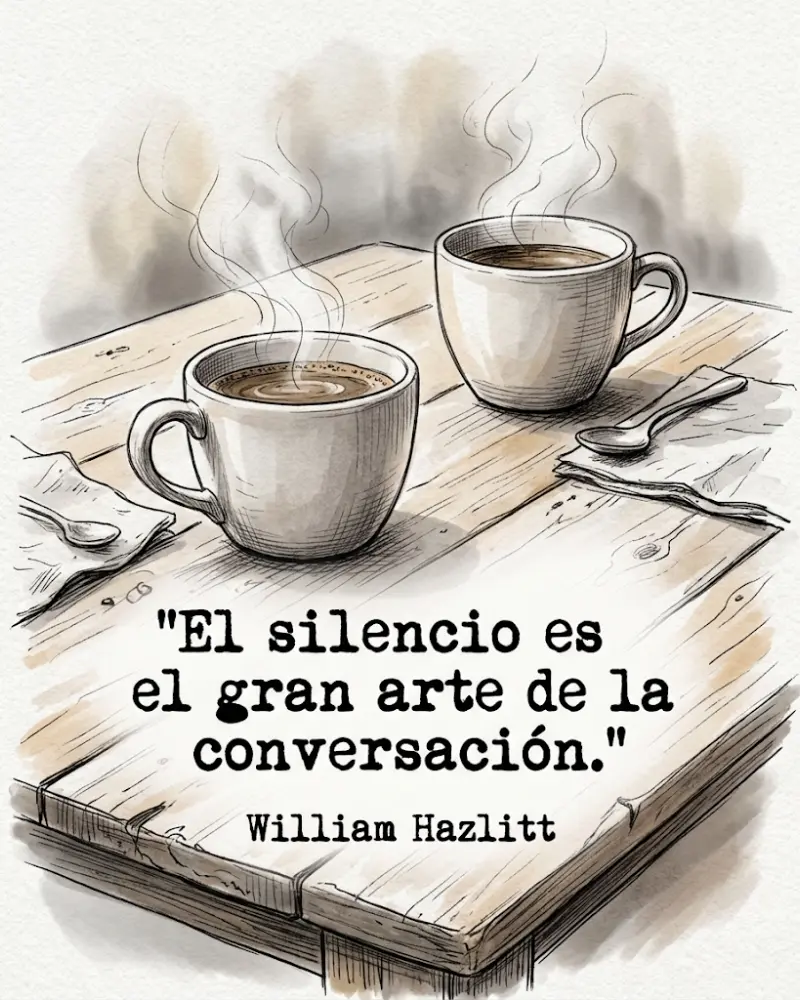 Dibujo de dos tazas de café humeantes sobre una mesa de madera con la frase de William Hazlitt: el silencio es el gran arte de la conversación.